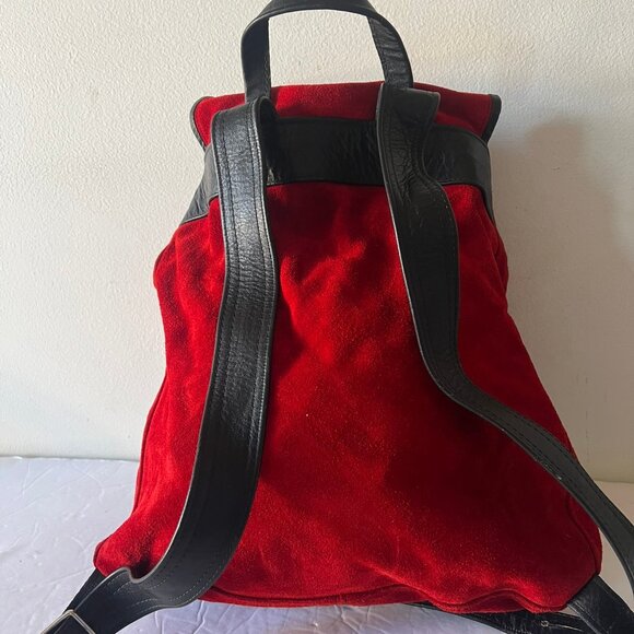 VINTAGE SUEDE RED BACKPACK WITH LEATHER BLACK TRIM